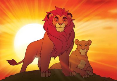 Dessin d'un lion et d'une lionne au somment d'une montagne